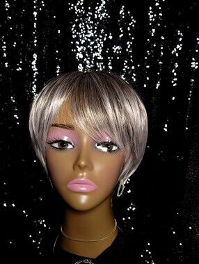 100% Human Hair Bob Style Wig! Silver/Grey Rooted With A Hint Of Pinkish Purple
